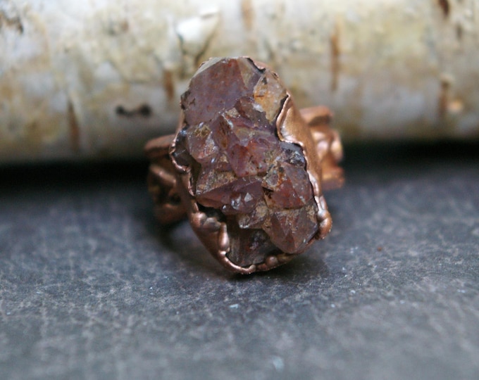 Thunder Bay Amethyst, Recycled Copper Ring, Bramble Pattern Band, Size 6 1/2