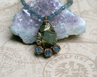 Raw Pyrite & Sapphire Necklace, Chunky Pendant, Beaded Chain, Recycled Copper