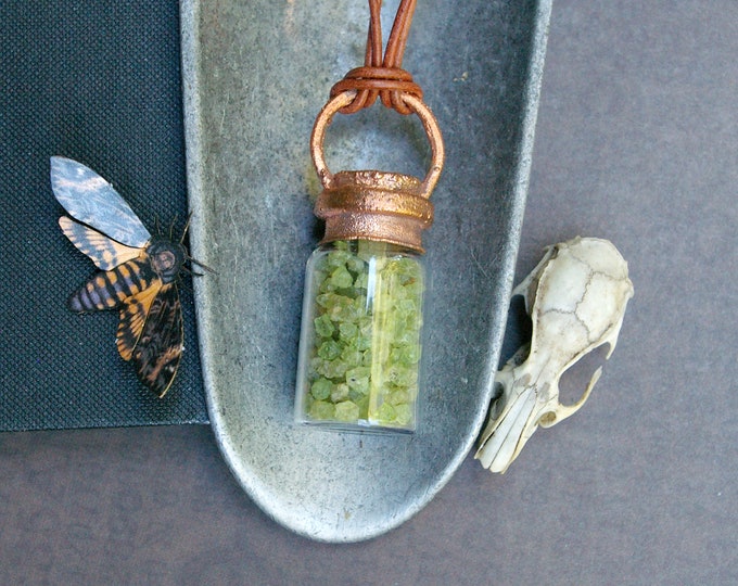 August Gift, Raw Peridot Bottle Pendant, Recycled Copper, Rough Stone Jewelry