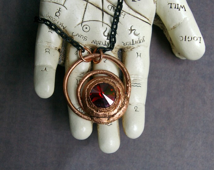 Red Rivoli Crystal Abstract Amulet, Recycled Bright Copper, Black Enamel Chain