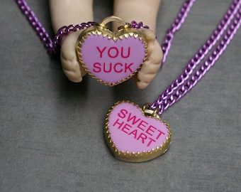 Retro Candy Heart Necklace, Nostalgic Jewelry, 80s and 90s, Purple Aluminum Chain