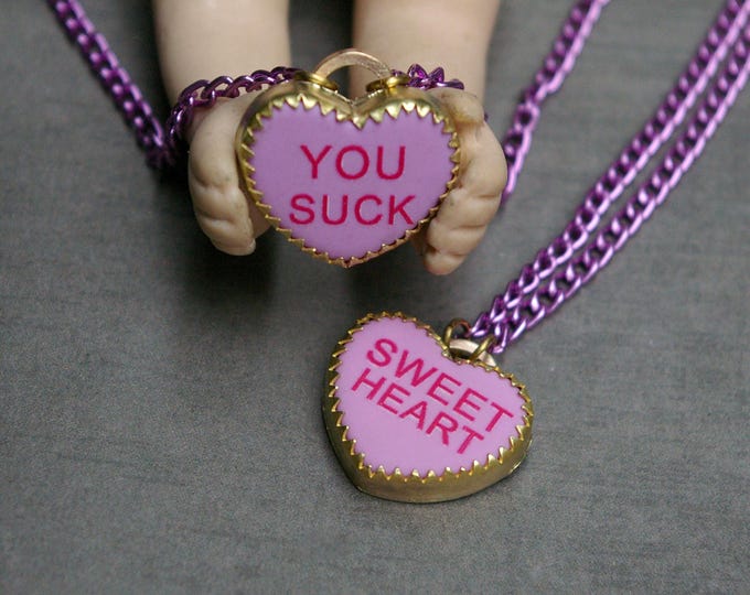 Retro Candy Heart Necklace, Nostalgic Jewelry, 80s and 90s, Purple Aluminum Chain