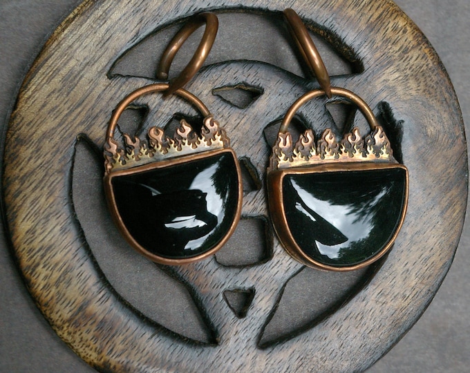 Witchy Cauldron Weights, 10g Copper Hoops, Obsidian Stones, Copper Setting