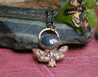 Moth Pendant, Rosecut Blue Sapphire, Recycled Copper, Mixed Metal