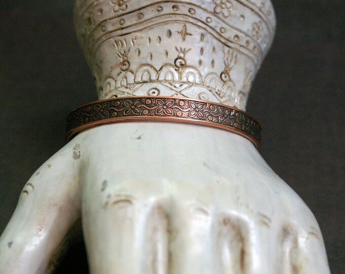 Copper Cuff Bracelet, Flower Pattern, Wire Hook Clasp