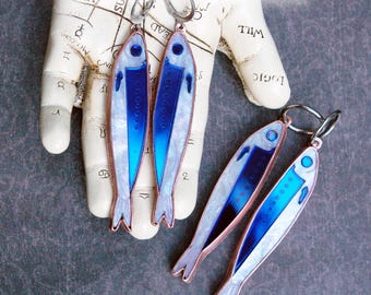 Sardine Earrings or Hangers, Cobalt Blue on Silver in Copper & Stainless Steel