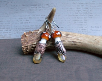 Mushroom Crystal Large Earrings, Recycled Copper, Aura Quartz, Fairy Forest Vibes