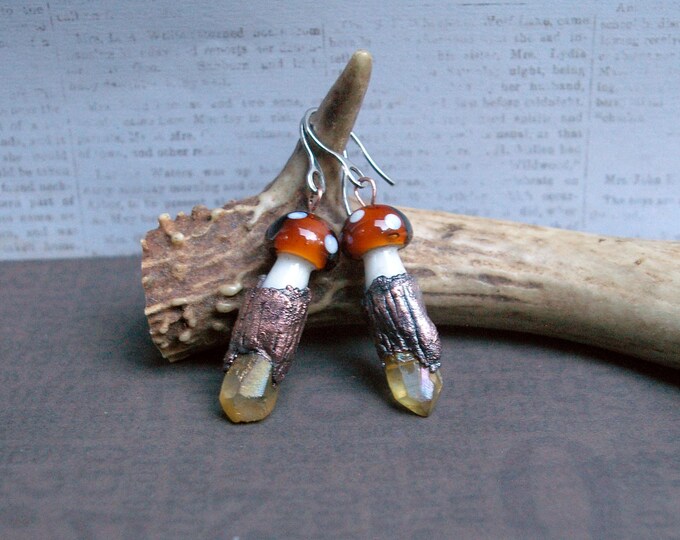 Mushroom Crystal Large Earrings, Recycled Copper, Aura Quartz, Fairy Forest Vibes