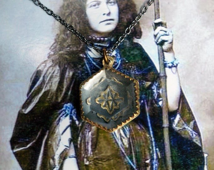 Seal of Saturn Protection Talisman, Quartz Hexagon, Hand-fabricated Brass Setting