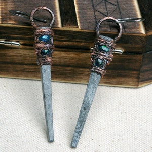 Coffin Nail Earrings, Black Rose Cut Opals, Recycled Electroformed Copper, Steel Nails, Stainless Steel Hooks