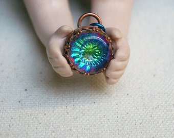 Multicolor Glass Charm, Recycled Copper Setting, Retro Style, Decorative Border, Aluminum Hoop