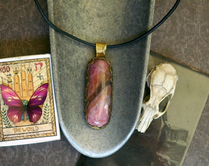 British Columbia Pink Rhodonite, Brass Mountain Border, Pill Shaped Oval Stone, Leather Cord