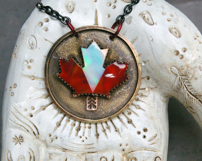 Maple Leaf Medallion, Mixed Metal Pendant, Aura Opal Instarsia, Abstract Canadian Flag