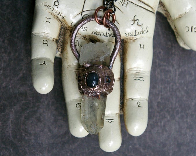 Quartz Shard, Black Sunstone, Recycled Copper, Cubic Zirconia Accents