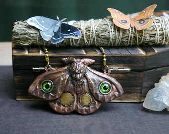 Emperor Moth Necklace, Electroformed Copper, Glass Eyes, Vintage Brass Ball Chain