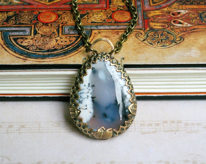 Dendritic Opal Dragon Egg Pendant with Stamped Accents