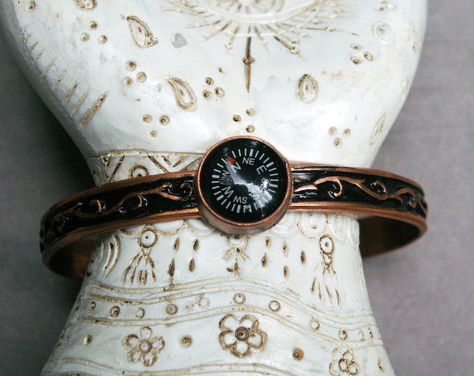 Vintage Compass Cuff, Copper Bracelet, Upcycled Retro Toy