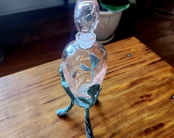 Vintage Pink Crackle Glass Perfume Bottle with Art Nouveau Green Metal Stand, 1980s Glass Act Studio