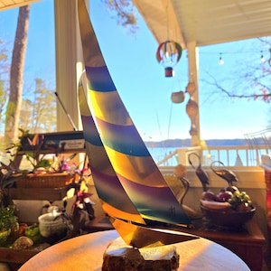 Curtis Jere Artist Signed Brass Airbrushed Sailboat Nautical Sculpture on Onyx Base