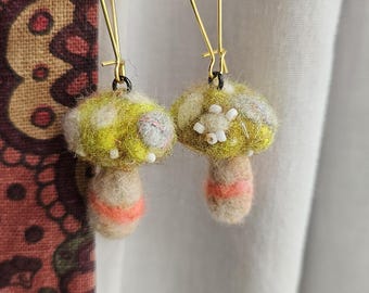 Sunshine yellow Mushroom earrings. Hand felted mini shroom scupture #A