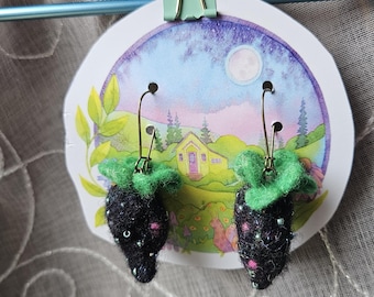 Goth Magic Berry earrings. Hand felted strawberry felt sculpture