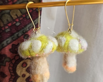Sunshine yellow Mushroom earrings. Hand felted mini shroom scupture #B