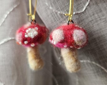 Crimson Amanita Mushroom earrings. Hand felted mini shroom scupture #A