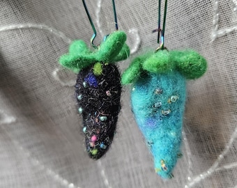 BooBerries Magic Berry earrings. Hand felted strawberry felt sculpture