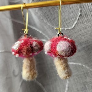 Crimson Amanita Mushroom earrings. Hand felted mini shroom scupture #A
