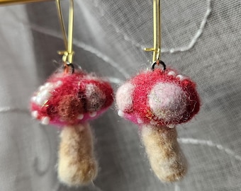 Crimson Amanita Mushroom earrings. Hand felted mini shroom scupture #A