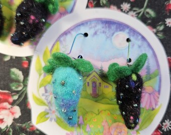 BooBerries Magic Berry earrings. Hand felted strawberry felt sculpture