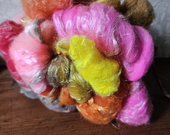 Happy Hues, Curated Spinning Palette: 2 oz Wool Shaniko Silk Flax Fiber, hand dyed spinning fiber