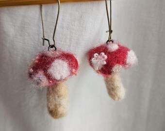 Crimson Amanita Mushroom earrings. Hand felted mini shroom scupture #B