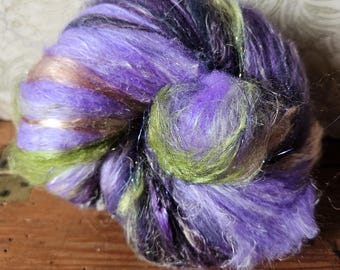 Moon Valley Vineyard 2 oz Wool Shaniko Silk Flax Batt, hand dyed spinning fiber