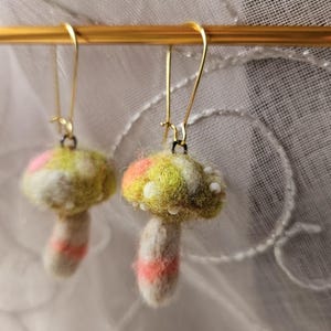 Sunshine yellow Mushroom earrings. Hand felted mini shroom scupture #A