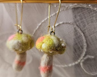 Sunshine yellow Mushroom earrings. Hand felted mini shroom scupture #A