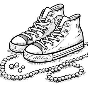 May include: A pair of black and white high-top sneakers with a white star logo on the side. The sneakers are sitting on a white surface with a string of pearls.