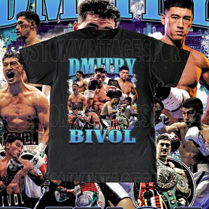May include: Black t-shirt featuring a collage of boxers with the text "Dmitry Bivol" in blue. The shirt has a vintage sports theme, with images of boxers in action. The background has a blue and white design.