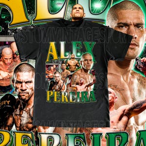 Pode incluir: Camiseta preta com o nome "ALEX PEREIRA" em amarelo e verde, e várias imagens de um homem musculoso. A camiseta tem um design esportivo vintage.