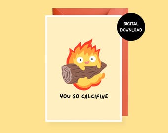 Tarjeta digital imprimible de Calcifer de El castillo ambulante para aniversario, cumpleaños y San Valentín.
