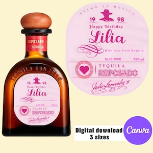 Custom Tequila Pink Label Canva, Template Personalized, Printable Digital Download, Perfect Gift, Birthday Present, Anniversary and Wedding