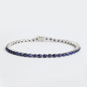 Natural Sapphire Bracelet, 18k White Gold Plated,Oval 3*4mm Cabochon Sapphire,Tennis Sapphire Bracelet,Gift For Her For Women