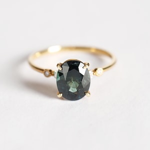 2.18ct Oval Sapphire, 18k Solid Gold Ring ,Teal Color Sapphire Ring with Diamond, Simple Green Sapphire Ring,Gift for Her for Women