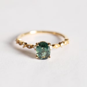 Teal Color Sapphire Ring with Diamond, 18k Solid Gold Ring ,1.05ct Oval Sapphire, Simple Green Sapphire Ring,Gift for Her for Women