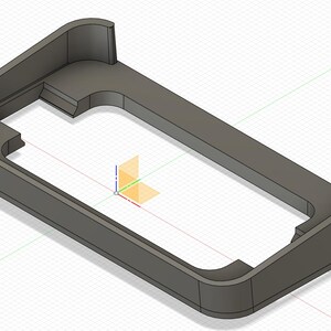 May include: A gray 3D printed phone stand with a raised lip around the edge. The stand is designed to hold a phone upright.