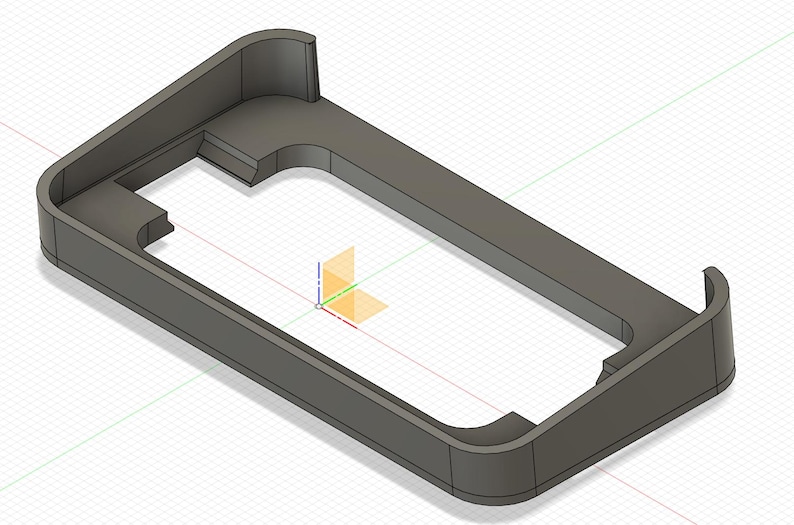 May include: A gray 3D printed phone stand with a raised lip around the edge. The stand is designed to hold a phone upright.