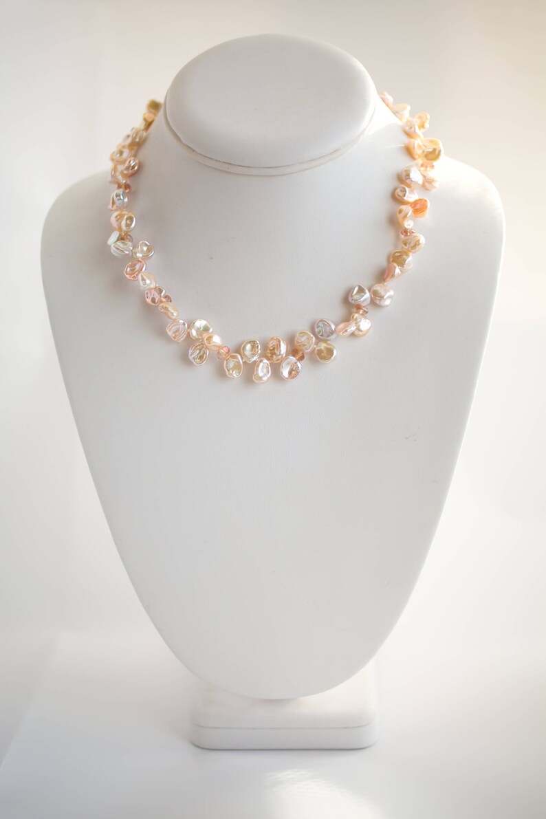freshwater keshi pearls Peach pink ivory keshi pearl necklace with sunstones June birthstone jewelry