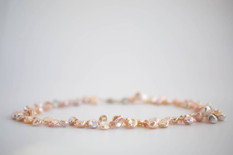 freshwater keshi pearls Peach pink ivory keshi pearl necklace with sunstones June birthstone jewelry