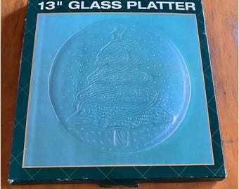 Gottschalks Glass Platter 13" Clear Christmas Tree Embossed Holiday Dish