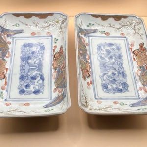 Set Of 2 Vintage Japanese Imari Hand Painted Rectangular Dishes Sushi Vegetables